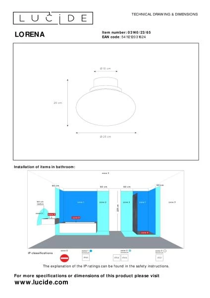 Lucide LORENA - Flush ceiling light Bathroom - Ø 23 cm - 1xE27 - IP44 - Smoke Grey - technical